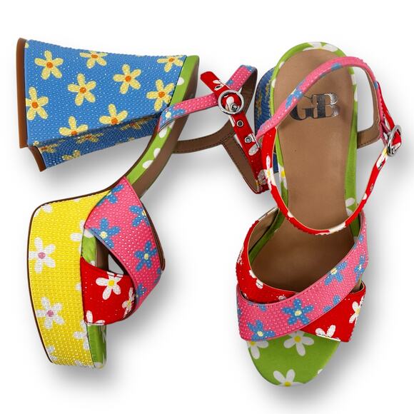 GB Ulti-Mate Floral Rainbow Rhinestone Platform Sandals Size 6 Y2K Throwback - Picture 5 of 12